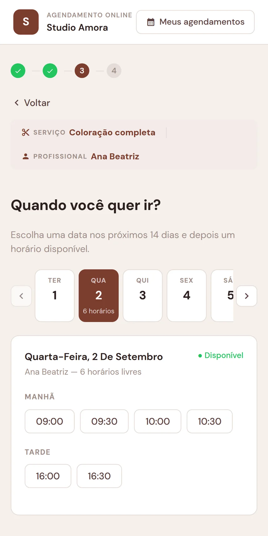 Tela de escolha de data e horário, com os horários livres do dia selecionado